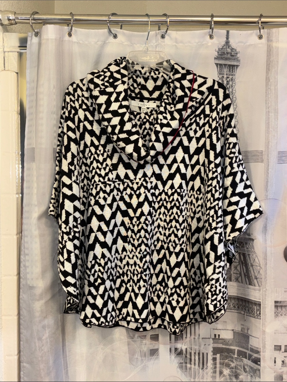 NWT Geometric Black & White Cowl Neck Poncho Sweater